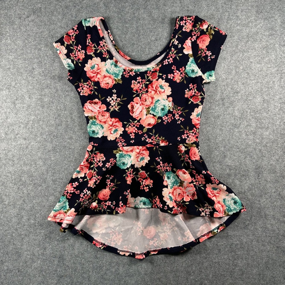 Unbranded Floral Peplum Top Girls Medium Navy Blue Pink Textured Knit